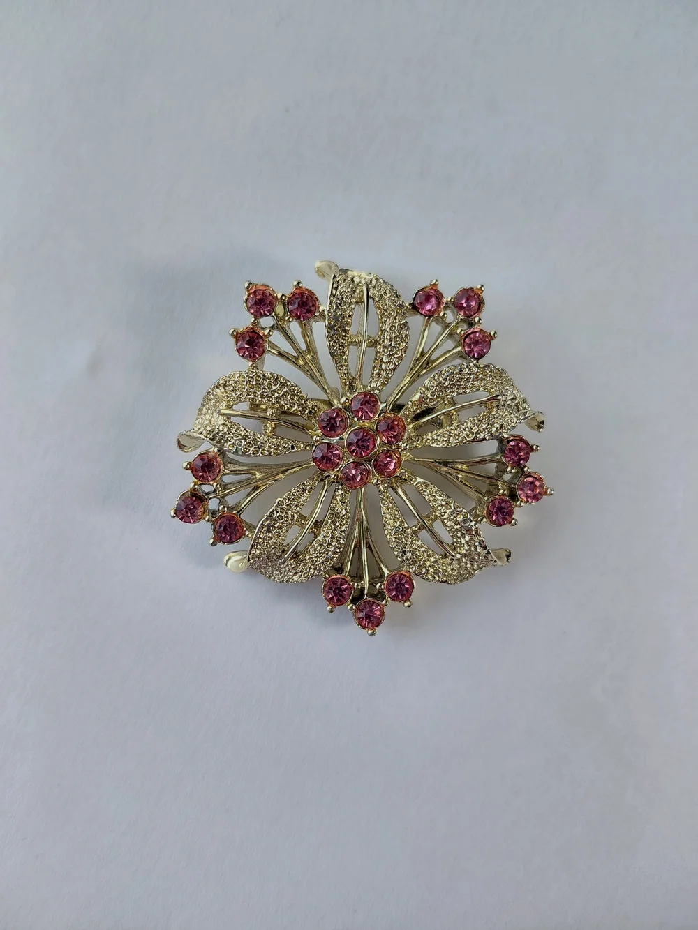 Vintage Flower Starburst with Pink Crystals Gold Tone Brooch Pin